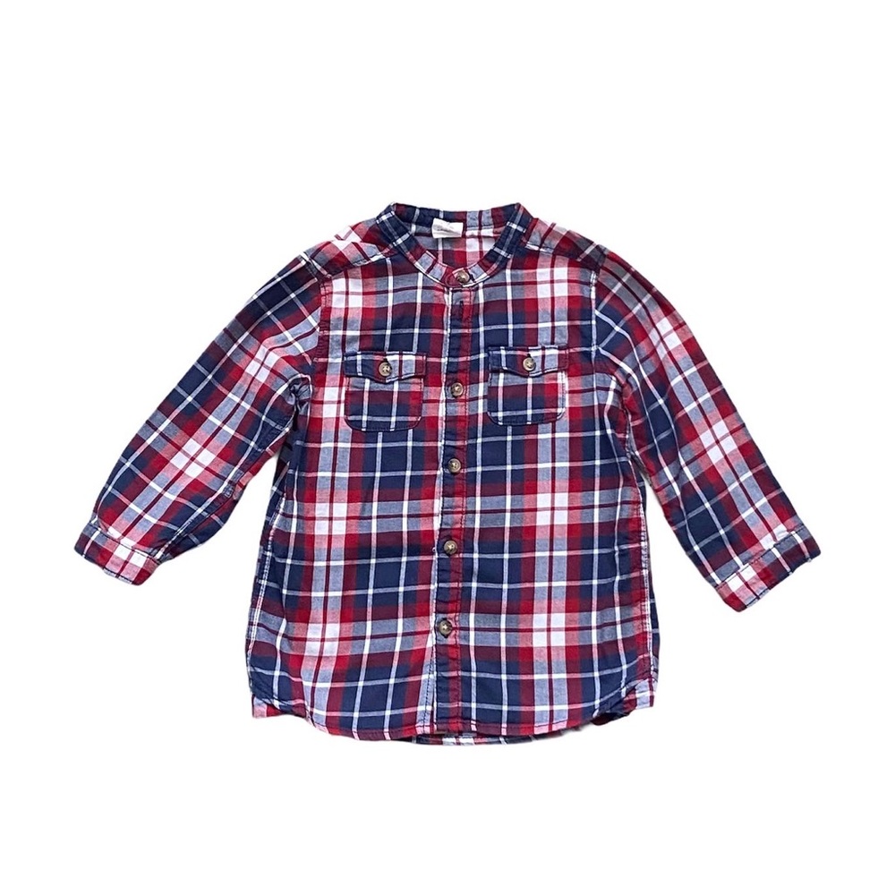 H&M mandarin collar plaid button down shirt 12-18M